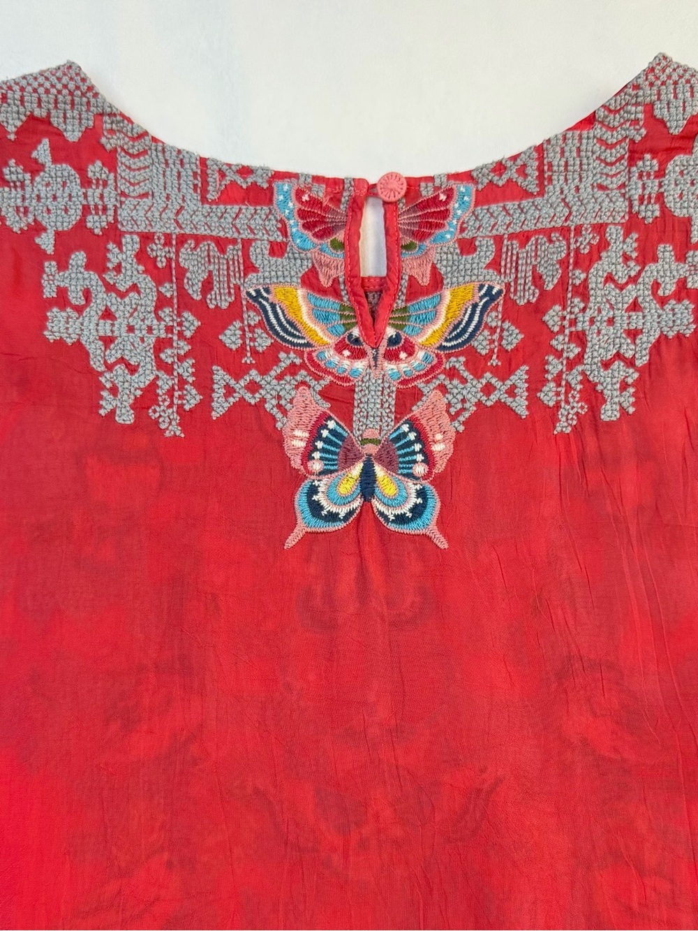 Johnny Was Farfalla Embroidered Coral Tunic Top with Butterfly and Bird  Detail - Picture 10 of 11